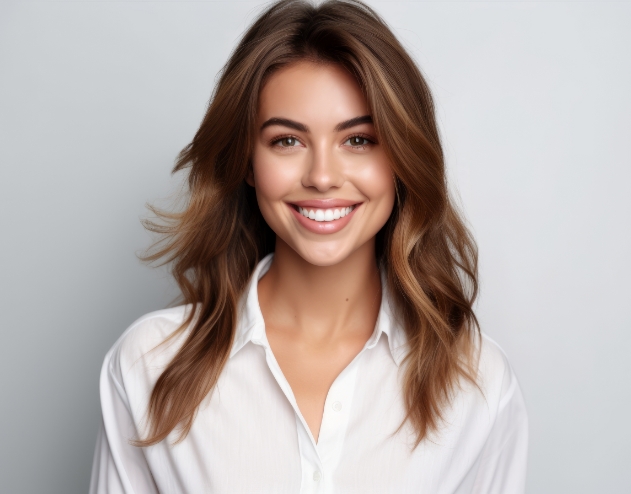 Young woman in white button down shirt smiling
