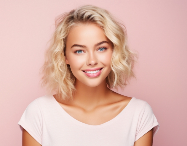 Blonde woman smiling against light pink background