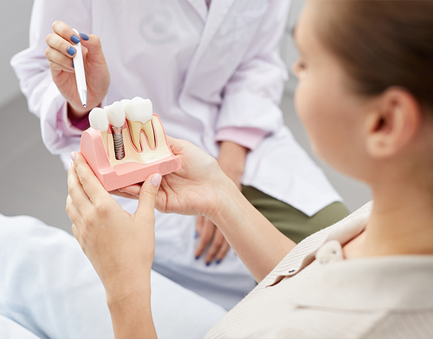 Dentist showing a dental implant model to a patient