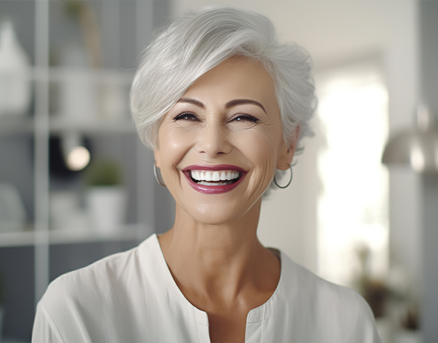 Woman with gray hair grinning