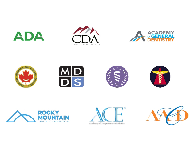 Logos for the American Dental Association Colorado Dental Association Academy of General Dentistry Canadian Academy for Esthetic Dentistry American Academy of Cosmetic Dentistry and more