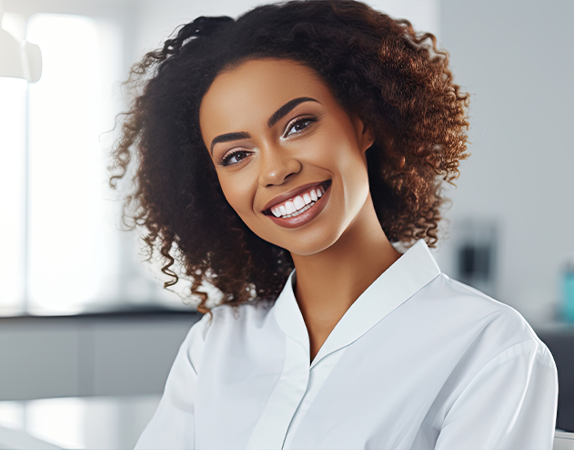 Woman in an office smiling after preventive dentistry in Castle Rock