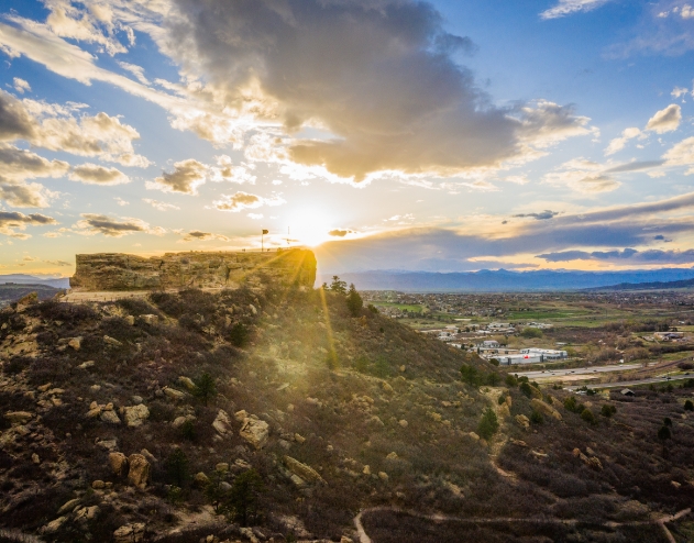 Aerial view of sun setting over Castle Rock